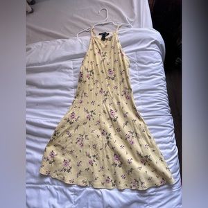yellow dress with pink floral pattern